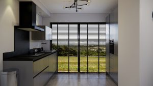 moderne grijze rechte greeploze keuken met hogekastenwand