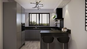 moderne grijze greeploze keuken in een u opstelling met bargedeelte