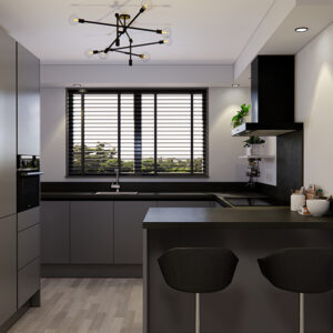 moderne grijze greeploze keuken in een u opstelling met bargedeelte