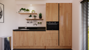 moderne houten greeploze keuken met een kookeiland en bargedeelte