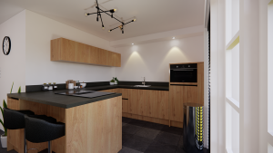 moderne houten greeploze u keuken met een kookeiland en bargedeelte