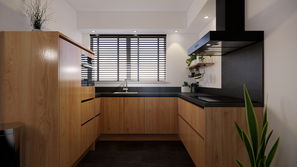 Moderne houten greeploze keuken in een u opstelling