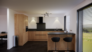 moderne houten greeploze l keuken met een werkeiland en bargedeelte