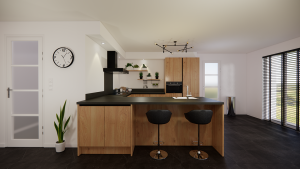 moderne houten greeploze u keuken met spoeleiland en bargedeelte