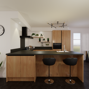 moderne houten greeploze u keuken met spoeleiland en bargedeelte