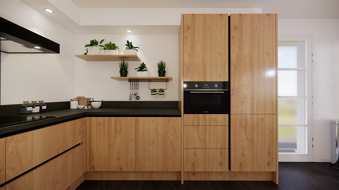 moderne houten greeploze u keuken met een spoeleiland en bargedeelte