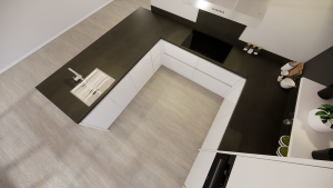 moderne witte greeploze u keuken met spoeleiland en bargedeelte