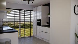 moderne witte greeploze keuken met hogekastenwand en koffiecorner