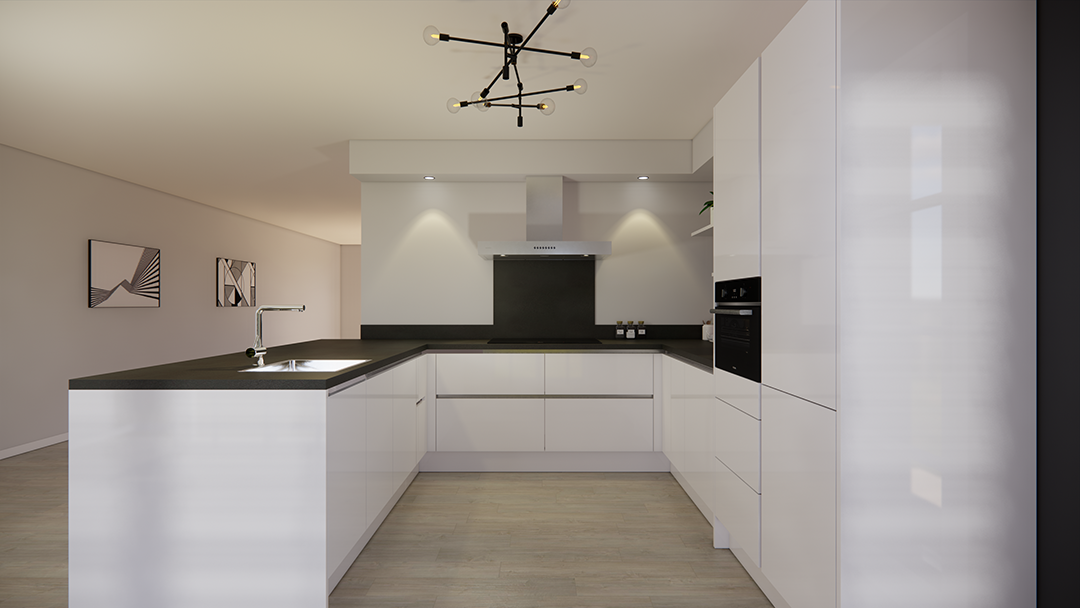 moderne witte greeploze u keuken met spoeleiland en bargedeelte