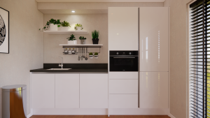 moderne witte greeploze keuken met een kookeiland en bargedeelte