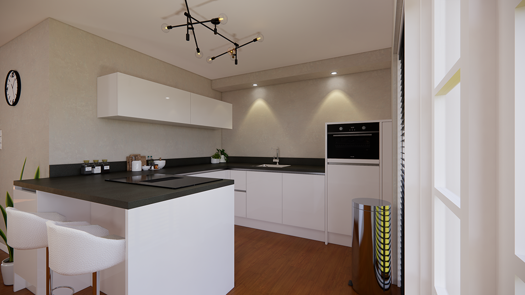 moderne witte greeploze u keuken met een kookeiland en bargedeelte