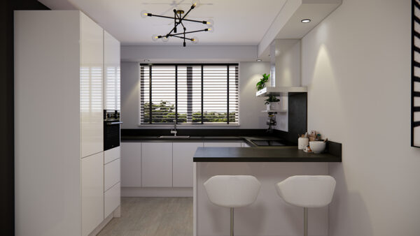 moderne witte greeploze keuken in een u opstelling met bargedeelte