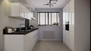 moderne witte greeploze keuken in een rechte opstelling