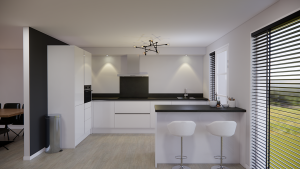 moderne witte greeploze l keuken met een werkeiland en bargedeelte
