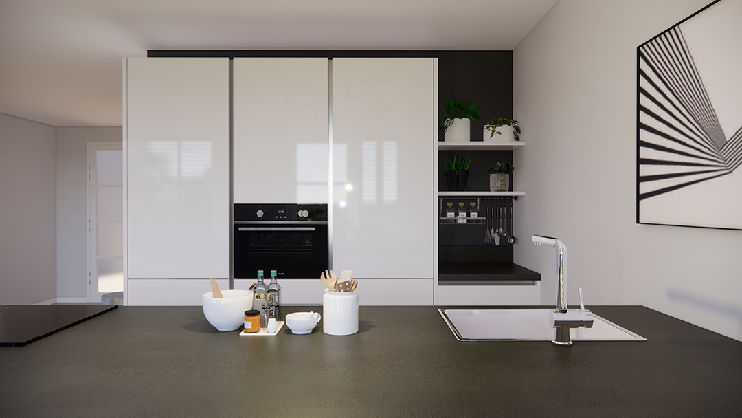 moderne witte greeploze keuken met een kook spoeleiland en een koffiecorner