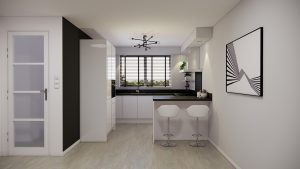 moderne witte greeploze keuken in een u opstelling met bargedeelte