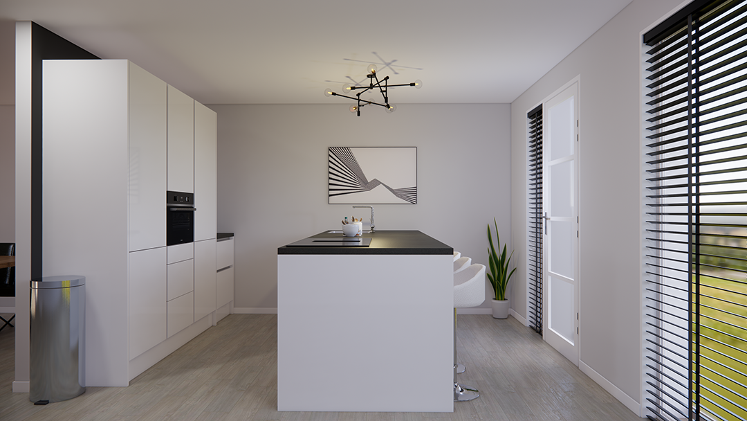 moderne witte greeploze keuken met een kook spoeleiland en een koffiecorner