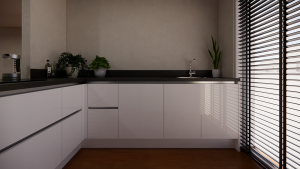 moderne witte greeploze l keuken met een kookeiland en bargedeelte
