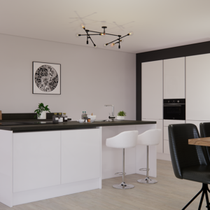 moderne witte greeploze eiland keuken met een hogekastenwand bargedeelte koffiecorner