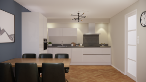 moderne witte greeploze keuken met een hogekastenwand