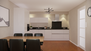 moderne witte greeploze keuken met een hogekastenwand