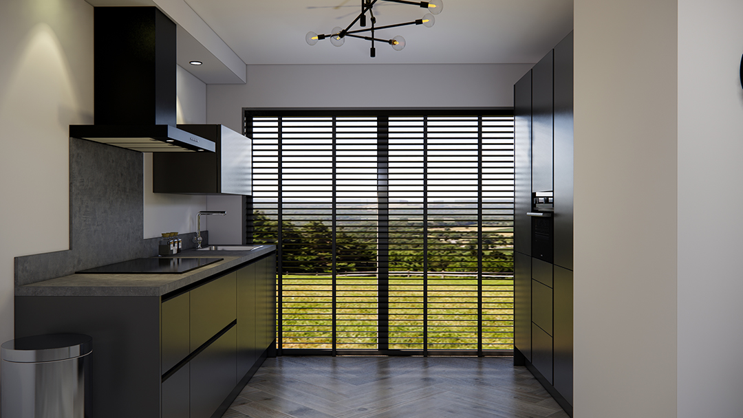 moderne zwarte rechte greeploze keuken met hogekastenwand