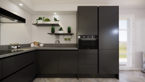 moderne zwarte greeploze u keuken met spoeleiland en bargedeelte