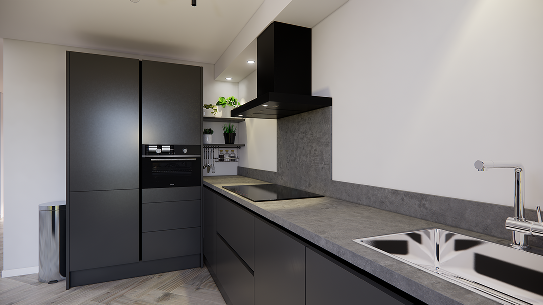 moderne zwarte greeploze l keuken met een werkeiland en bargedeelte