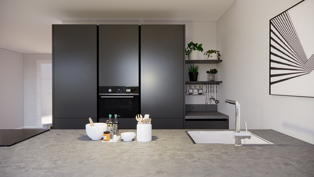 moderne zwarte greeploze keuken met een kook spoeleiland en een koffiecorner