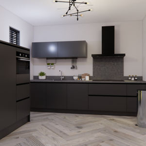 moderne rechte zwarte greeploze keuken met een hogekastenwand