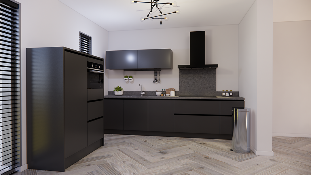moderne rechte zwarte greeploze keuken met een hogekastenwand