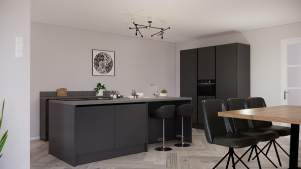 moderne zwarte greeploze eiland keuken met een hogekastenwand bargedeelte koffiecorner