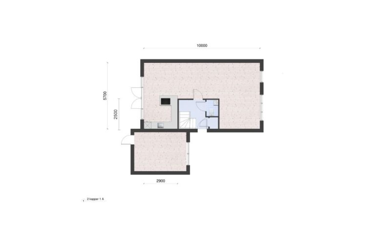 Woningplattegrond van een 2-onder 1-kapwoning met maten met een moderne greeploze keuken ingetekend
