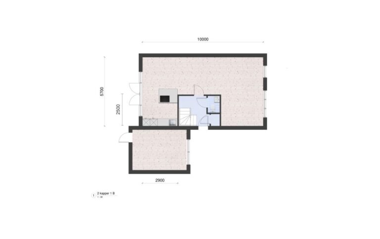 Woningplattegrond van een 2-onder 1-kapwoning met maten met een moderne greeploze keuken ingetekend