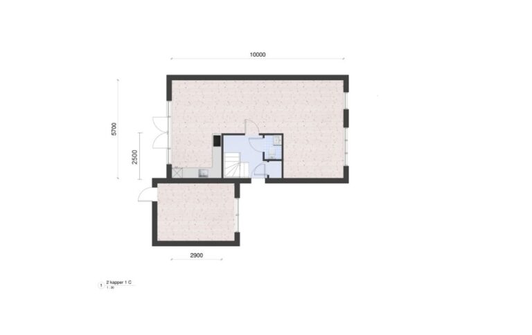 Woningplattegrond van een 2-onder 1-kapwoning met maten met een moderne greeploze keuken ingetekend