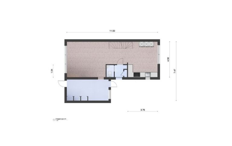 Woningplattegrond van een 2-onder 1-kapwoning met maten met een moderne greeploze keuken ingetekend