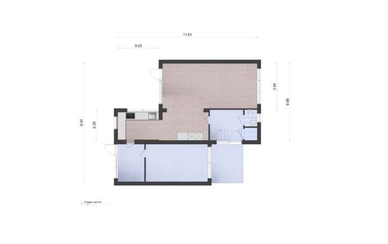 Woningplattegrond van een 2-onder 1-kapwoning met maten met een moderne greeploze keuken ingetekend