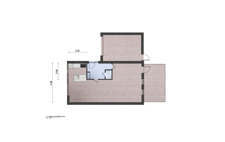 Woningplattegrond van een 2-onder 1-kapwoning met maten met een moderne greeploze keuken ingetekend