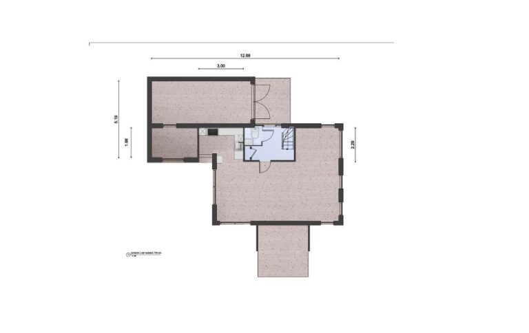 Woningplattegrond van een 2-onder 1-kapwoning met maten met een moderne greeploze keuken ingetekend