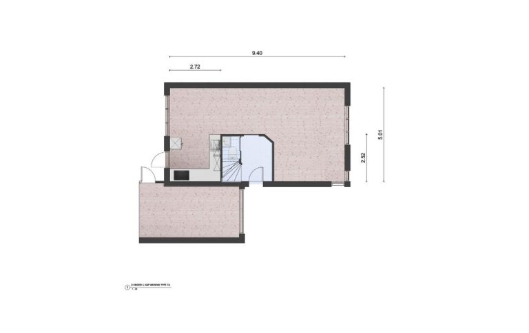 Woningplattegrond van een 2-onder 1-kapwoning met maten met een moderne greeploze keuken ingetekend