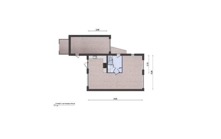 Woningplattegrond van een 2-onder 1-kapwoning met maten met een moderne greeploze keuken ingetekend