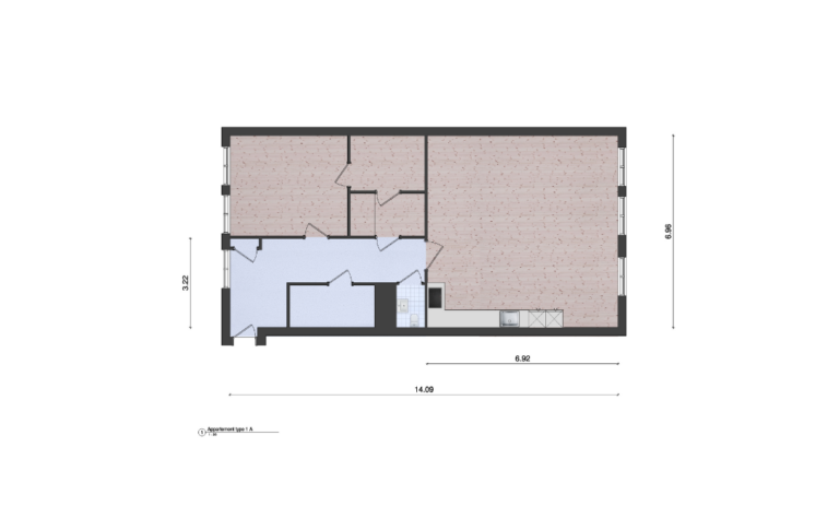 Woningplattegrond van een appartement met maten met een moderne greeploze keuken ingetekend