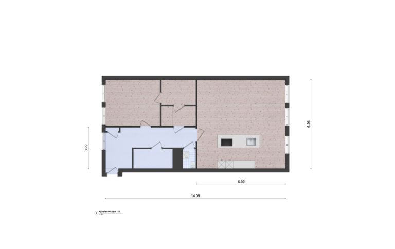 Woningplattegrond van een appartement met maten met een moderne greeploze keuken ingetekend