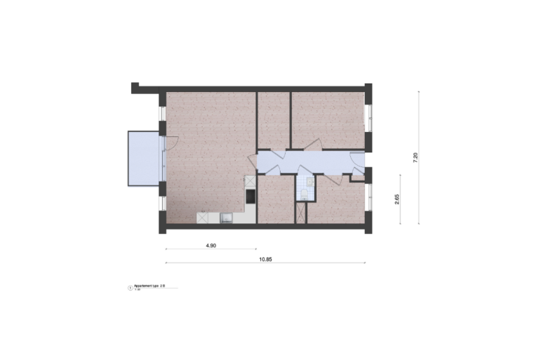 Woningplattegrond van een appartement met maten met een moderne greeploze keuken ingetekend