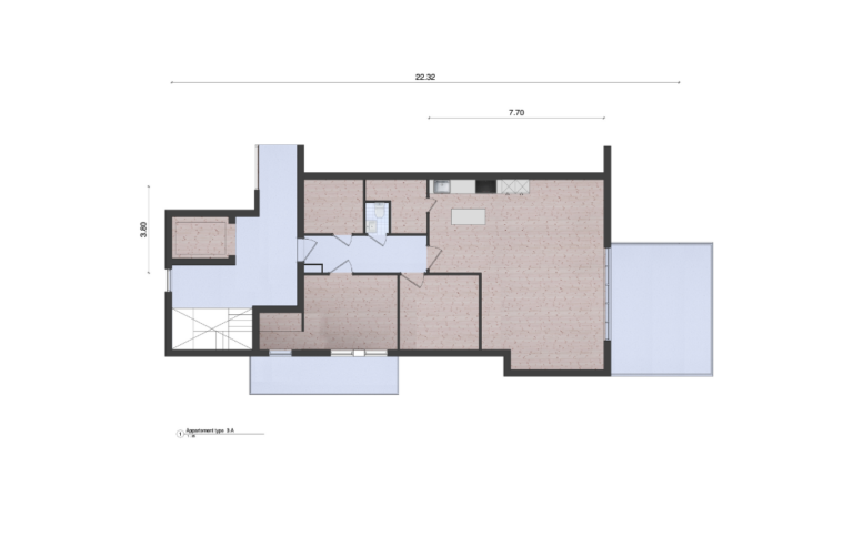 Woningplattegrond van een appartement met maten met een moderne greeploze keuken ingetekend