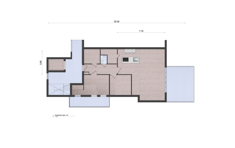 Woningplattegrond van een appartement met maten met een moderne greeploze keuken ingetekend