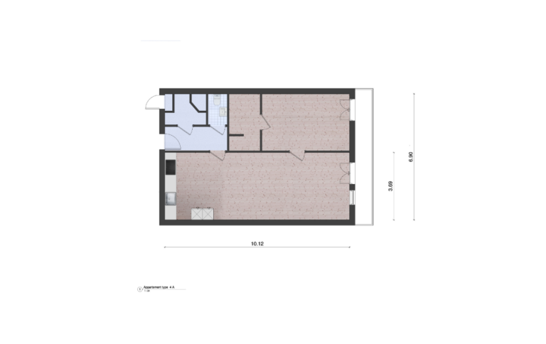 Woningplattegrond van een appartement met maten met een moderne greeploze keuken ingetekend