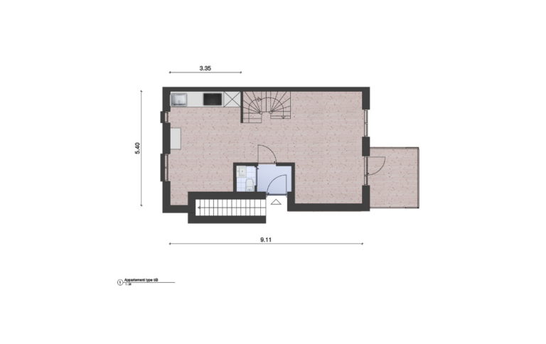 Woningplattegrond van een appartement met maten met een moderne greeploze keuken ingetekend