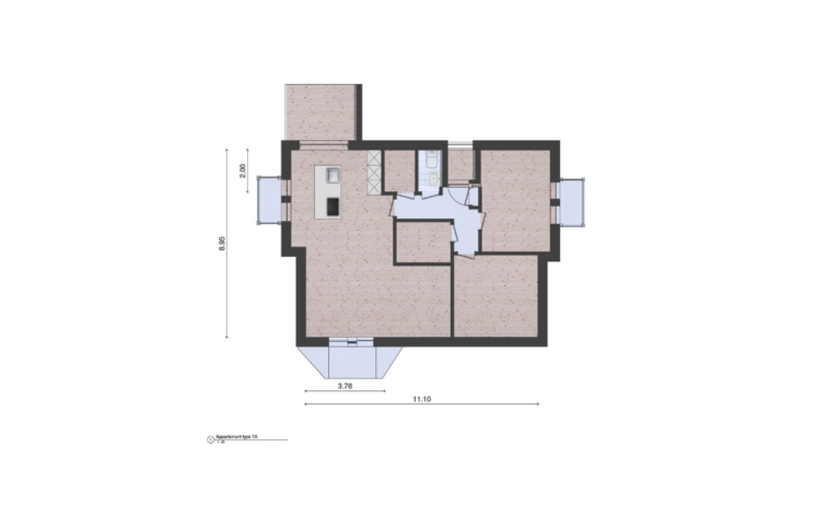 Woningplattegrond van een appartement met maten met een moderne greeploze keuken ingetekend