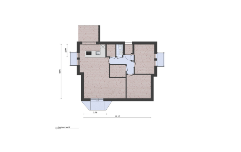 Woningplattegrond van een appartement met maten met een moderne greeploze keuken ingetekend